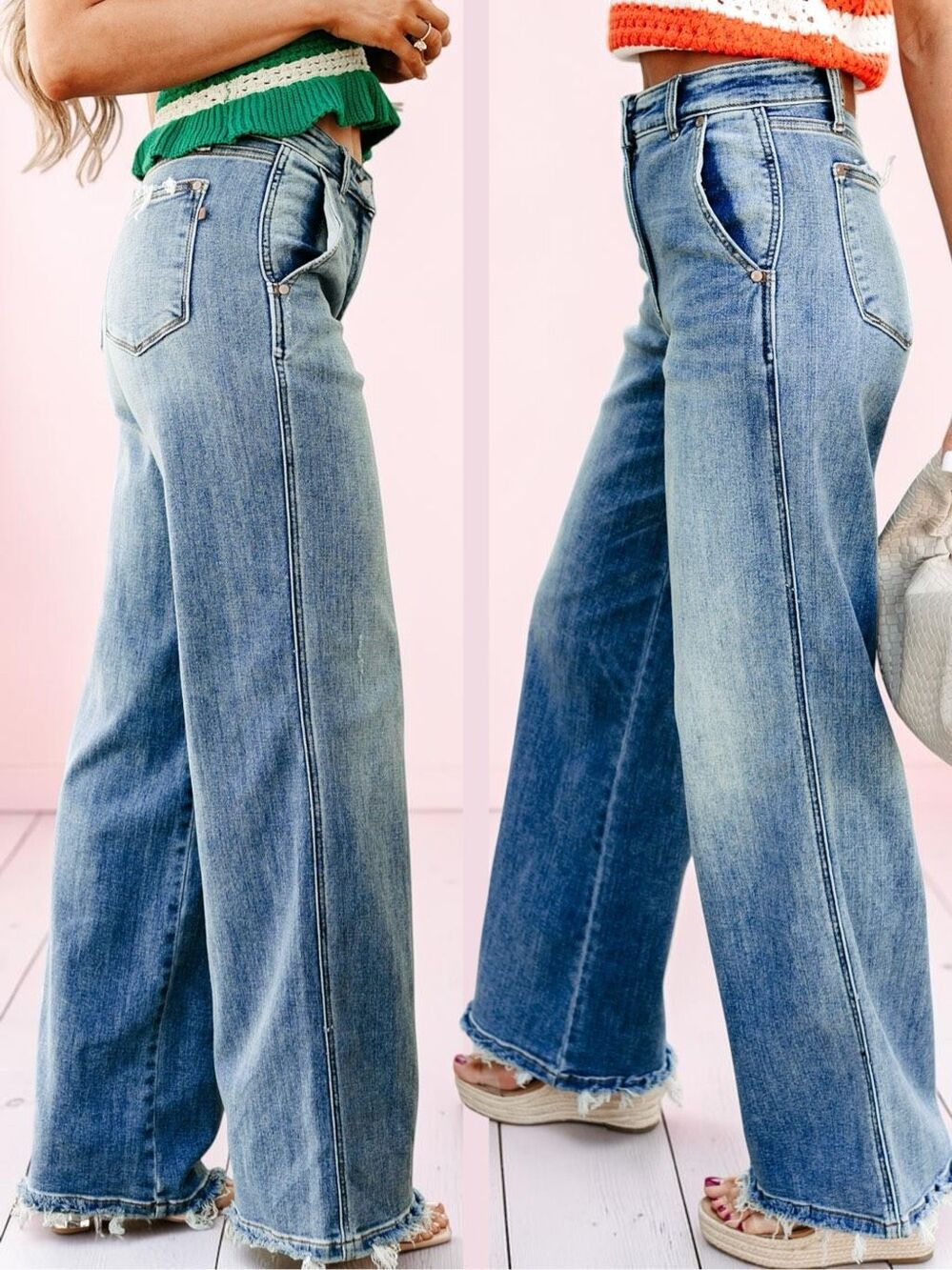 Judy Blue High Rise Retro Wide Leg Jeans Medium Sage Wash Raw Hem Stretch Denim - Picture 9 of 15